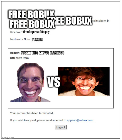lol | FREE BOBUX; FREE BOBUX; FREE BOBUX; flamingo vs this guy; YESSIR; YESSIR THIS GUY VS FLAMINGO; VS | image tagged in banned from roblox | made w/ Imgflip meme maker