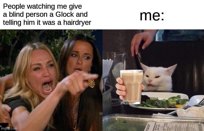 What you gonna do CALL 911!?!? | People watching me give a blind person a Glock and telling him it was a hairdryer; me: | image tagged in memes,woman yelling at cat | made w/ Imgflip meme maker