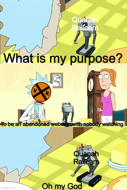 The Quanah Cam is really bad! | Quanah Railcam; What is my purpose? To be an abandoned webcam with nobody watching; Quanah Railcam; Oh my God | image tagged in what's my purpose - butter robot,useless,funny,memes,trains | made w/ Imgflip meme maker
