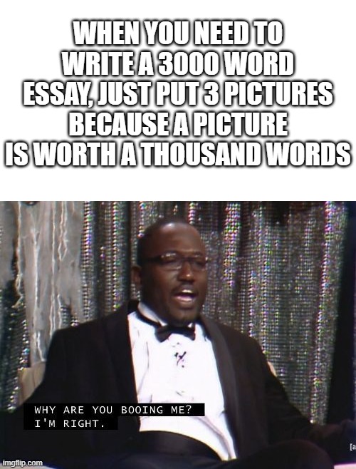 Why are you booing me? I'm right. | WHEN YOU NEED TO WRITE A 3000 WORD ESSAY, JUST PUT 3 PICTURES BECAUSE A PICTURE IS WORTH A THOUSAND WORDS | image tagged in why are you booing me i'm right | made w/ Imgflip meme maker