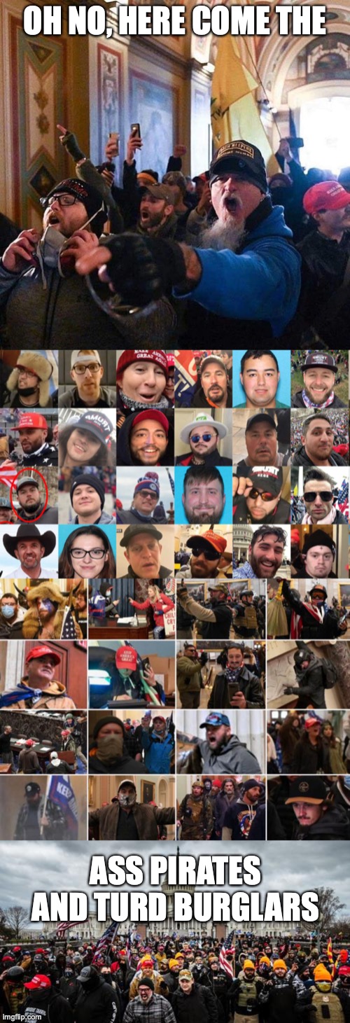 OH NO, HERE COME THE; ASS PIRATES AND TURD BURGLARS | image tagged in capitol traitors,arrested qanon insurrection capitol rioters,dc insurrectionists 4,jan 6th | made w/ Imgflip meme maker
