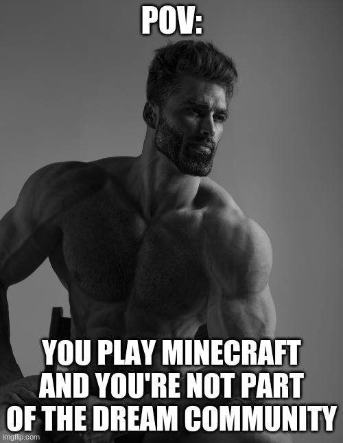 Giga Chad | POV:; YOU PLAY MINECRAFT AND YOU'RE NOT PART OF THE DREAM COMMUNITY | image tagged in giga chad,memenade | made w/ Imgflip meme maker