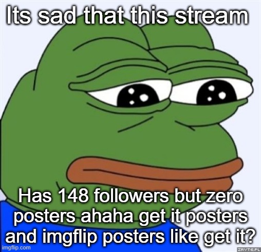 I don't get you | Its sad that this stream; Has 148 followers but zero posters ahaha get it posters and imgflip posters like get it? | image tagged in sad frog | made w/ Imgflip meme maker