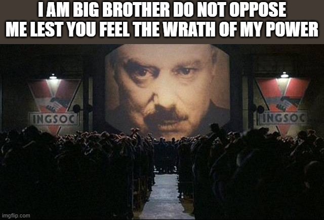 Big Brother 1984 | I AM BIG BROTHER DO NOT OPPOSE ME LEST YOU FEEL THE WRATH OF MY POWER | image tagged in big brother 1984,i'm 16 so don't try it,who reads these | made w/ Imgflip meme maker