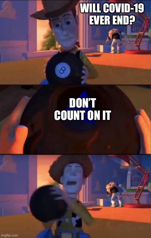 Sad but true | WILL COVID-19 EVER END? DON’T COUNT ON IT | image tagged in covid-19,toy story,woody | made w/ Imgflip meme maker