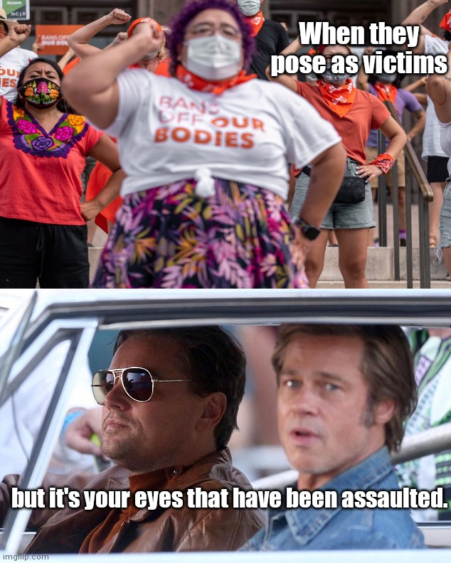 When abortion-loving feminists protest | When they pose as victims; but it's your eyes that have been assaulted. | image tagged in triggered feminist,abortion,ugly woman,fantasy victim,brad pitt,political humor | made w/ Imgflip meme maker