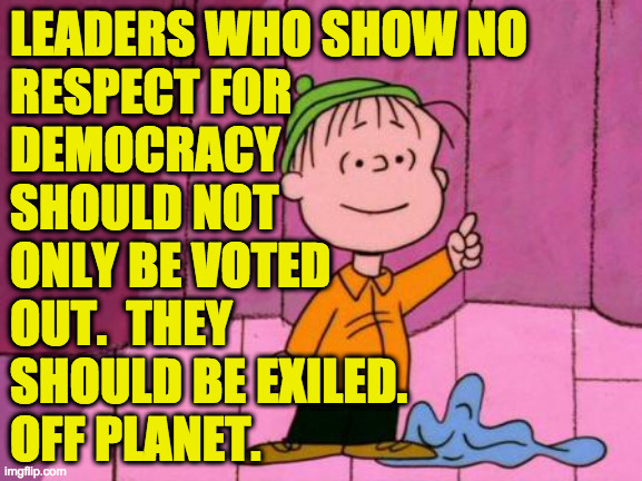 Linus so sensible. | LEADERS WHO SHOW NO
RESPECT FOR
DEMOCRACY
SHOULD NOT
ONLY BE VOTED
OUT.  THEY
SHOULD BE EXILED.
OFF PLANET. | image tagged in memes,linus,republicans,exile,fascists | made w/ Imgflip meme maker