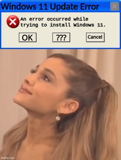 Windows 11 Update Error but it's actually Ariana Grande that's annoyed instead of Liy from BFB | image tagged in windows 11 update error,ariana grande pissed off | made w/ Imgflip meme maker