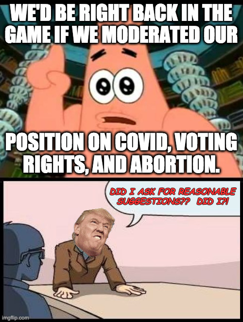 WE'D BE RIGHT BACK IN THE
GAME IF WE MODERATED OUR POSITION ON COVID, VOTING
RIGHTS, AND ABORTION. DID I ASK FOR REASONABLE SUGGESTIONS??  D | image tagged in memes,patrick says,black background | made w/ Imgflip meme maker