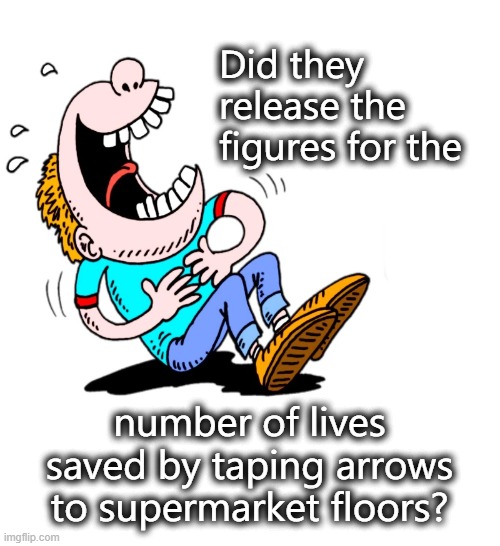 laughing | Did they release the figures for the; number of lives saved by taping arrows to supermarket floors? | image tagged in laughing | made w/ Imgflip meme maker