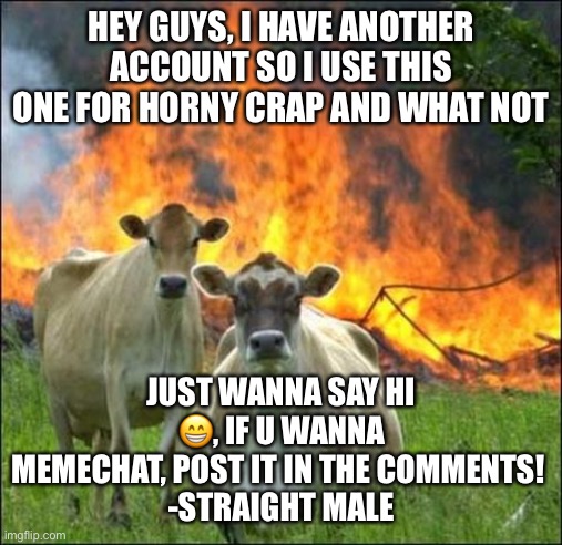 Kinda feelin horny | HEY GUYS, I HAVE ANOTHER ACCOUNT SO I USE THIS ONE FOR HORNY CRAP AND WHAT NOT; JUST WANNA SAY HI 😁, IF U WANNA MEMECHAT, POST IT IN THE COMMENTS! 
-STRAIGHT MALE | image tagged in memes,evil cows,horny | made w/ Imgflip meme maker