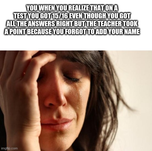 First World Problems | YOU WHEN YOU REALIZE THAT ON A TEST YOU GOT 15/16 EVEN THOUGH YOU GOT ALL THE ANSWERS RIGHT BUT THE TEACHER TOOK A POINT BECAUSE YOU FORGOT TO ADD YOUR NAME | image tagged in memes,first world problems | made w/ Imgflip meme maker