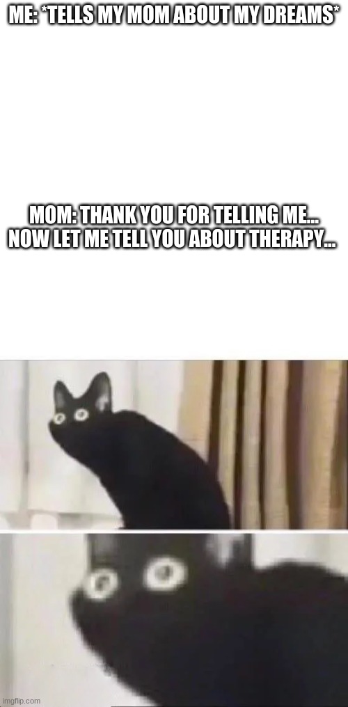 oh no | ME: *TELLS MY MOM ABOUT MY DREAMS*; MOM: THANK YOU FOR TELLING ME... NOW LET ME TELL YOU ABOUT THERAPY... | image tagged in blank white template,oh no black cat | made w/ Imgflip meme maker