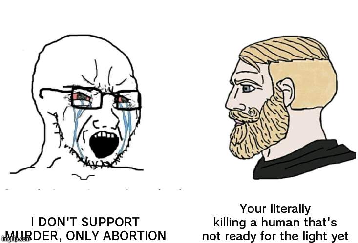 If you badly don't want a baby, put it in adoption. Abortion hurts both sides | Your literally killing a human that's not ready for the light yet; I DON'T SUPPORT MURDER, ONLY ABORTION | image tagged in soyboy vs yes chad,abortion,abortion is murder | made w/ Imgflip meme maker