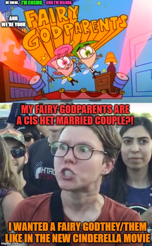 I'M COSMO, AND I'M WANDA, HI THERE, AND WE'RE YOUR; MY FAIRY GODPARENTS ARE A CIS HET MARRIED COUPLE?! I WANTED A FAIRY GODTHEY/THEM LIKE IN THE NEW CINDERELLA MOVIE | image tagged in triggered feminist,memes,cinderella fairy godmother,fairy,non binary | made w/ Imgflip meme maker