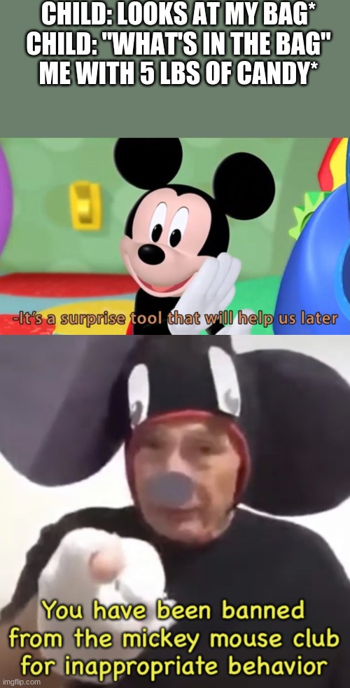 CHILD: LOOKS AT MY BAG*
CHILD: "WHAT'S IN THE BAG"
ME WITH 5 LBS OF CANDY* | image tagged in mickey mouse tool,banned from the mickey mouse club | made w/ Imgflip meme maker