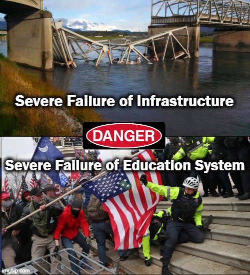 Danger Severe Failure | Severe Failure of Infrastructure; Severe Failure of Education System | image tagged in democracy,democrats,gop,liberal vs conservative,conservative hypocrisy | made w/ Imgflip meme maker