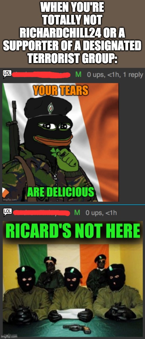 hmmm... | WHEN YOU'RE TOTALLY NOT RICHARDCHILL24 OR A SUPPORTER OF A DESIGNATED TERRORIST GROUP: | made w/ Imgflip meme maker