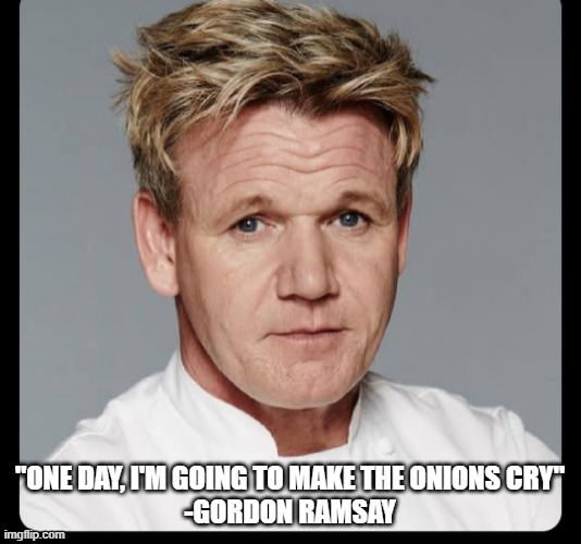 One Day | "ONE DAY, I'M GOING TO MAKE THE ONIONS CRY"
-GORDON RAMSAY | image tagged in chef gordon ramsay | made w/ Imgflip meme maker