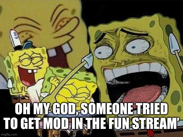Spongebob laughing Hysterically | OH MY GOD, SOMEONE TRIED TO GET MOD IN THE FUN STREAM’ | image tagged in spongebob laughing hysterically | made w/ Imgflip meme maker