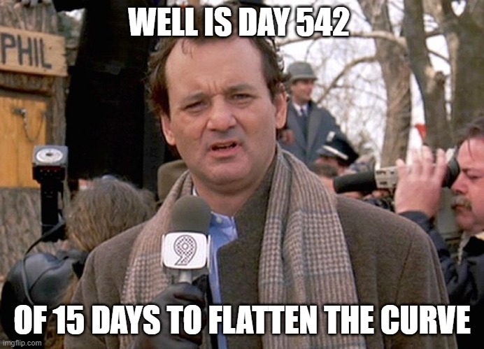 Flatten the curve |  WELL IS DAY 542; OF 15 DAYS TO FLATTEN THE CURVE | image tagged in groundhog day,covid-19 | made w/ Imgflip meme maker