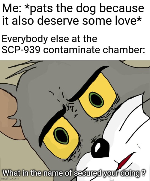 *insert a very nice title* | Me: *pats the dog because it also deserve some love*; Everybody else at the SCP-939 contaminate chamber:; What in the name of secured your doing ? | image tagged in memes,unsettled tom,oh no,what have i done | made w/ Imgflip meme maker