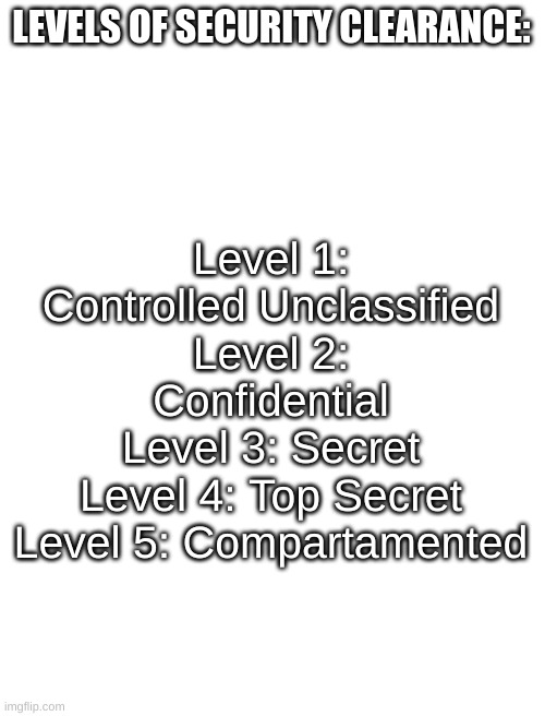 Explanation In comments, Effective Immediately when comment is released | LEVELS OF SECURITY CLEARANCE:; Level 1: Controlled Unclassified
Level 2: Confidential
Level 3: Secret
Level 4: Top Secret
Level 5: Compartamented | image tagged in blank white template | made w/ Imgflip meme maker
