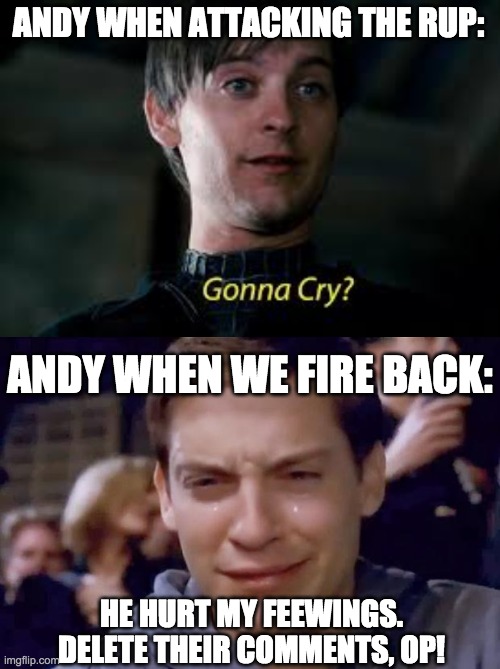 Meme inspired by Pollard. | ANDY WHEN ATTACKING THE RUP:; ANDY WHEN WE FIRE BACK:; HE HURT MY FEEWINGS. DELETE THEIR COMMENTS, OP! | image tagged in funny,memes,tobey maguire,spiderman,peter parker cry,hypocrisy | made w/ Imgflip meme maker