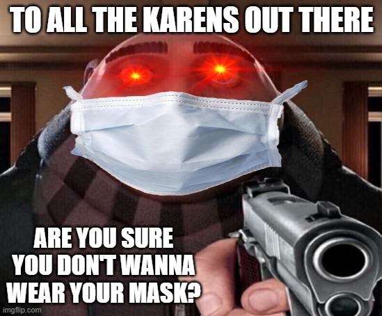 to all the karens who wear masks | TO ALL THE KARENS OUT THERE; ARE YOU SURE YOU DON'T WANNA WEAR YOUR MASK? | image tagged in gru gun | made w/ Imgflip meme maker