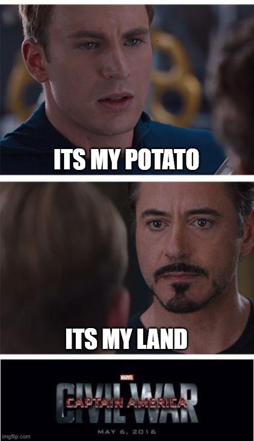 my friend took my potatoes | ITS MY POTATO; ITS MY LAND | image tagged in memes,marvel civil war 1 | made w/ Imgflip meme maker