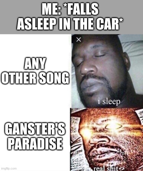 i sleep real shit | ME: *FALLS ASLEEP IN THE CAR*; ANY OTHER SONG; GANSTER'S PARADISE | image tagged in i sleep real shit | made w/ Imgflip meme maker