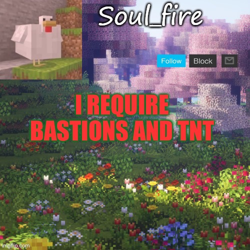 Time for some blast mining | I REQUIRE BASTIONS AND TNT | image tagged in soul_fires minecraft temp ty yachi | made w/ Imgflip meme maker