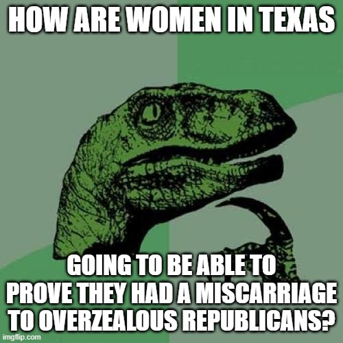 "Kill'em all. Let gawd sort'em out later." | HOW ARE WOMEN IN TEXAS; GOING TO BE ABLE TO PROVE THEY HAD A MISCARRIAGE TO OVERZEALOUS REPUBLICANS? | image tagged in memes,philosoraptor | made w/ Imgflip meme maker