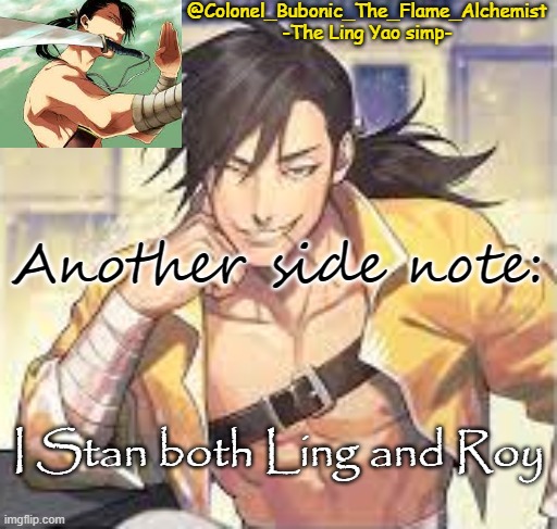 Colonel's Smexy Ling temp | Another side note:; I Stan both Ling and Roy | image tagged in colonel's smexy ling temp | made w/ Imgflip meme maker