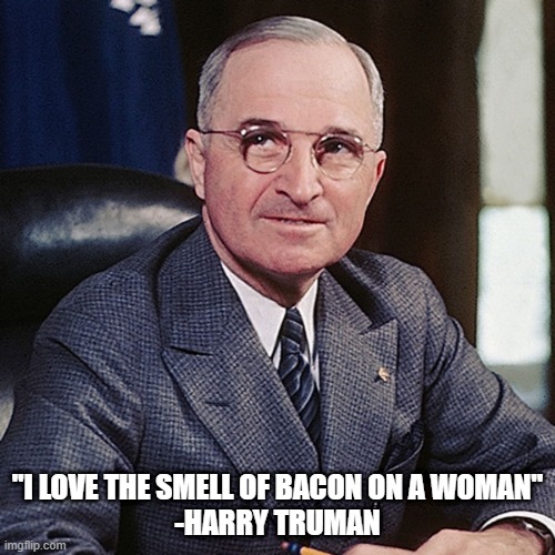 Truman | "I LOVE THE SMELL OF BACON ON A WOMAN"

-HARRY TRUMAN | image tagged in bacon | made w/ Imgflip meme maker