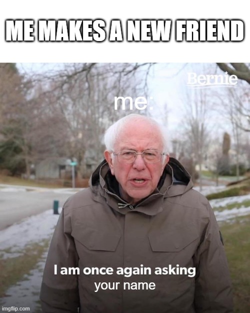 Bernie I Am Once Again Asking For Your Support Meme |  ME MAKES A NEW FRIEND; me:; your name | image tagged in memes,bernie i am once again asking for your support | made w/ Imgflip meme maker
