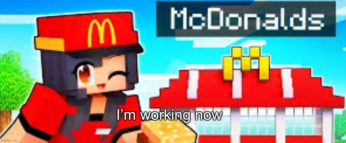 Aphmau working at McDonald’s (Mcdoodle’s) | I’m working now | image tagged in aphmau working at mcdonald s mcdoodle s | made w/ Imgflip meme maker