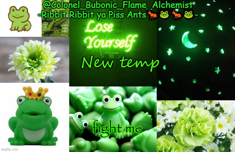 Colonel's Rubber Froggie temp | New temp; fight me | image tagged in colonel's rubber froggie temp | made w/ Imgflip meme maker