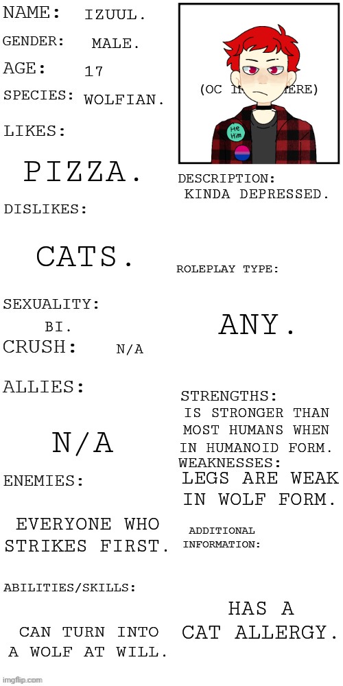 I'm bad at making OCs | IZUUL. MALE. 17; WOLFIAN. PIZZA. KINDA DEPRESSED. CATS. ANY. BI. N/A; IS STRONGER THAN MOST HUMANS WHEN IN HUMANOID FORM. N/A; LEGS ARE WEAK IN WOLF FORM. EVERYONE WHO STRIKES FIRST. HAS A CAT ALLERGY. CAN TURN INTO A WOLF AT WILL. | image tagged in updated roleplay oc showcase,one does not simply make an oc,wolfian,dont steal please | made w/ Imgflip meme maker