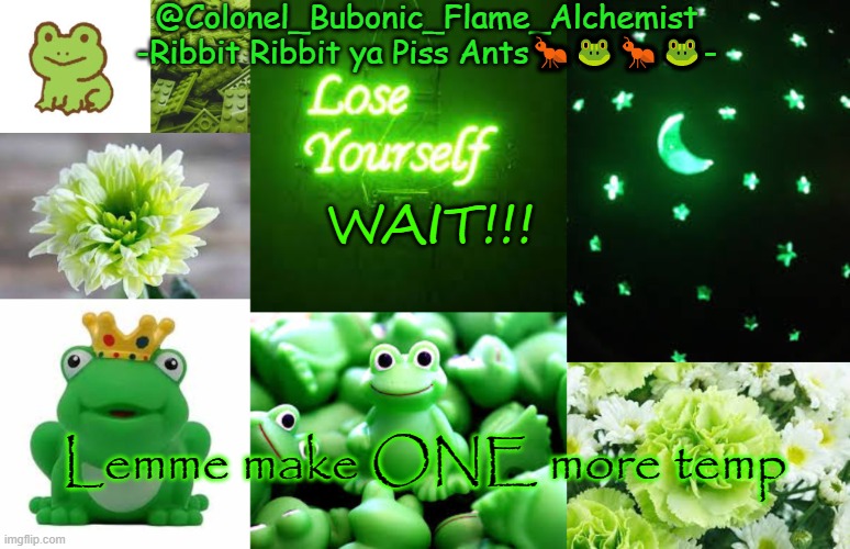 Colonel's Rubber Froggie temp | WAIT!!! Lemme make ONE more temp | image tagged in colonel's rubber froggie temp | made w/ Imgflip meme maker