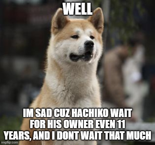 :'( | WELL; IM SAD CUZ HACHIKO WAIT FOR HIS OWNER EVEN 11 YEARS, AND I DONT WAIT THAT MUCH | image tagged in hachiko | made w/ Imgflip meme maker