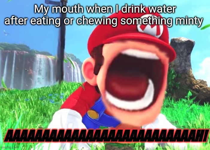 Painful Mintwater | My mouth when I drink water after eating or chewing something minty; AAAAAAAAAAAAAAAAAAAAAAAAAAH! | image tagged in mario screaming,mint,mouth,screaming,pain,ouch | made w/ Imgflip meme maker