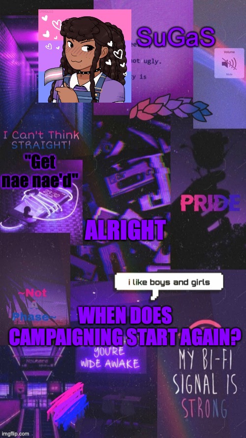 ALRIGHT; WHEN DOES CAMPAIGNING START AGAIN? | image tagged in sugas bi demigirl temp | made w/ Imgflip meme maker