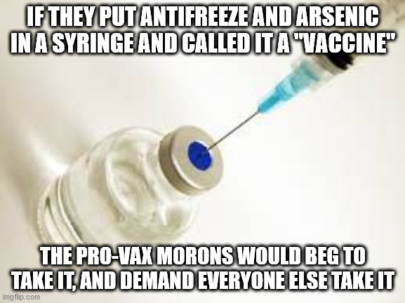 Pro-vaxxers are dumber than dog doo doo | IF THEY PUT ANTIFREEZE AND ARSENIC IN A SYRINGE AND CALLED IT A "VACCINE"; THE PRO-VAX MORONS WOULD BEG TO TAKE IT, AND DEMAND EVERYONE ELSE TAKE IT | image tagged in vaccine | made w/ Imgflip meme maker