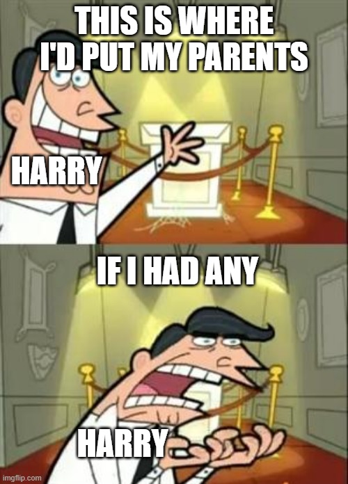 BEWARE: dark humour | THIS IS WHERE I'D PUT MY PARENTS; HARRY; IF I HAD ANY; HARRY | image tagged in memes,this is where i'd put my trophy if i had one | made w/ Imgflip meme maker