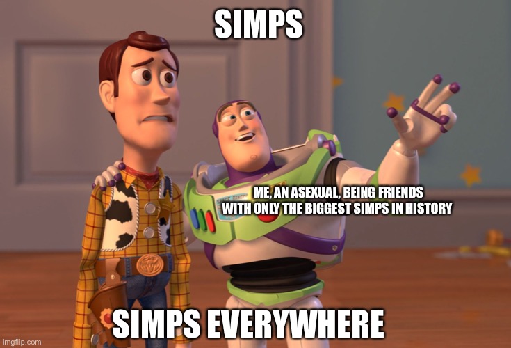 0-0 | SIMPS; ME, AN ASEXUAL, BEING FRIENDS WITH ONLY THE BIGGEST SIMPS IN HISTORY; SIMPS EVERYWHERE | image tagged in memes,x x everywhere | made w/ Imgflip meme maker