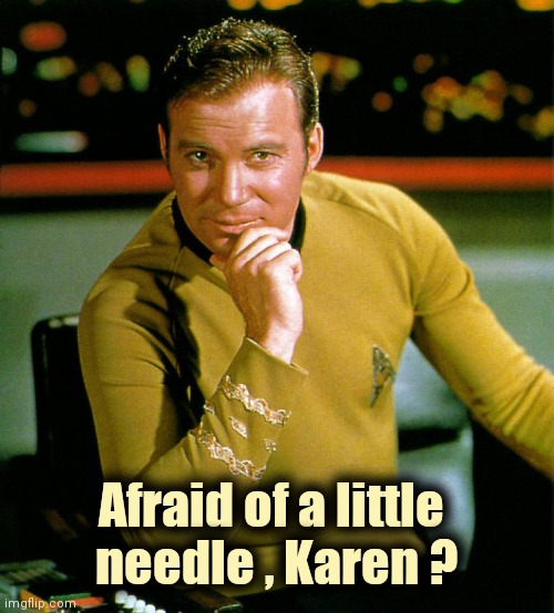 Captain Kirk The Thinker | Afraid of a little 
needle , Karen ? | image tagged in captain kirk the thinker | made w/ Imgflip meme maker