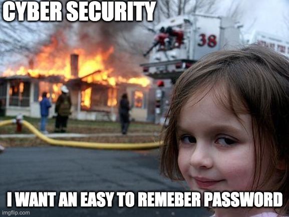 Disaster | CYBER SECURITY; I WANT AN EASY TO REMEBER PASSWORD | image tagged in memes,disaster girl | made w/ Imgflip meme maker