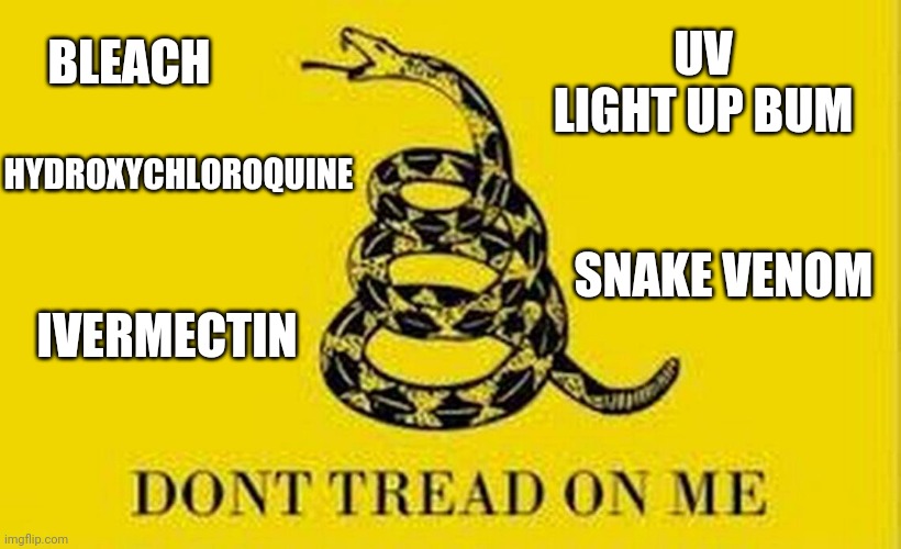 No need to tread, y'all doing a damn fine job of it |  UV LIGHT UP BUM; BLEACH; HYDROXYCHLOROQUINE; SNAKE VENOM; IVERMECTIN | image tagged in colonial flag | made w/ Imgflip meme maker