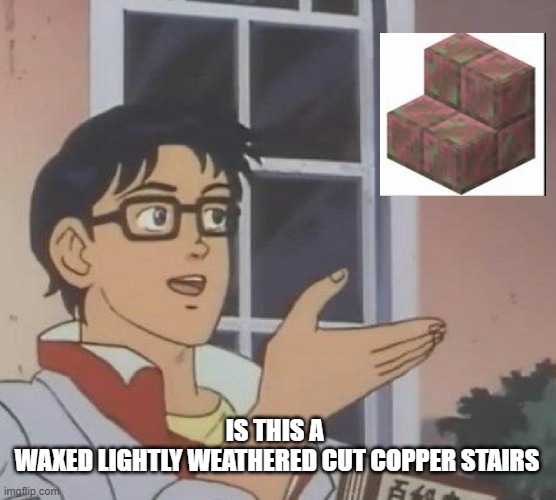 lmao | IS THIS A 
WAXED LIGHTLY WEATHERED CUT COPPER STAIRS | image tagged in memes,is this a pigeon | made w/ Imgflip meme maker